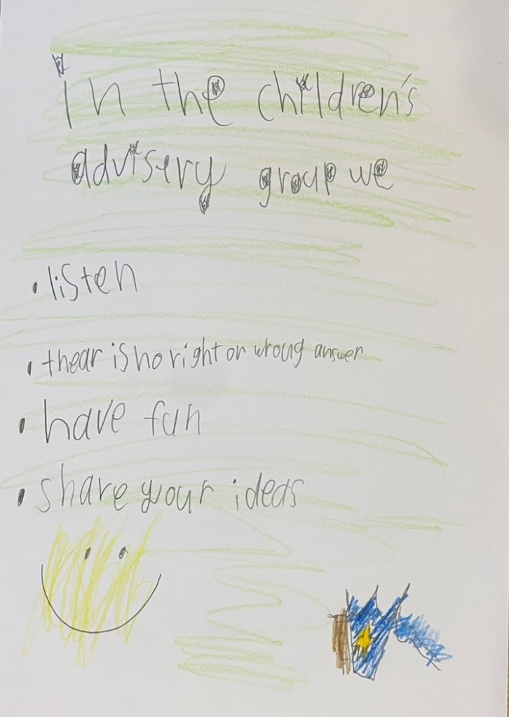 A white piece of paper coloured green in the background with pencil. The paper reads, in curly handwriting: In the children's advisory group we
- listen
- there is no right or wrong answer
- have fun
- share your ideas.
At the bottom is a drawing of a yellow smiley face and the logo for the Children's Advisory Group designed by this child, which has a blue crown with a yellow star in the middle and streamers out the sides.