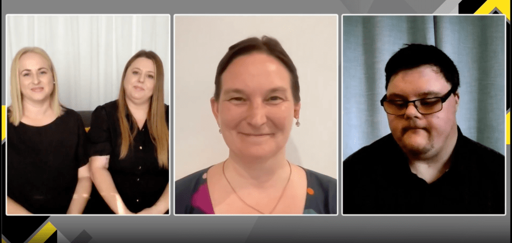 A photo of three computer screens side by side. The first showing Amanda Corby and Rachel Carr, who lead Illume Learning. The second showing Kathy Cologon from the Children's Voices Centre, Charles Sturt University, and the third showing Tim Cologon from Toward Equity, Diversity, and Inclusion.